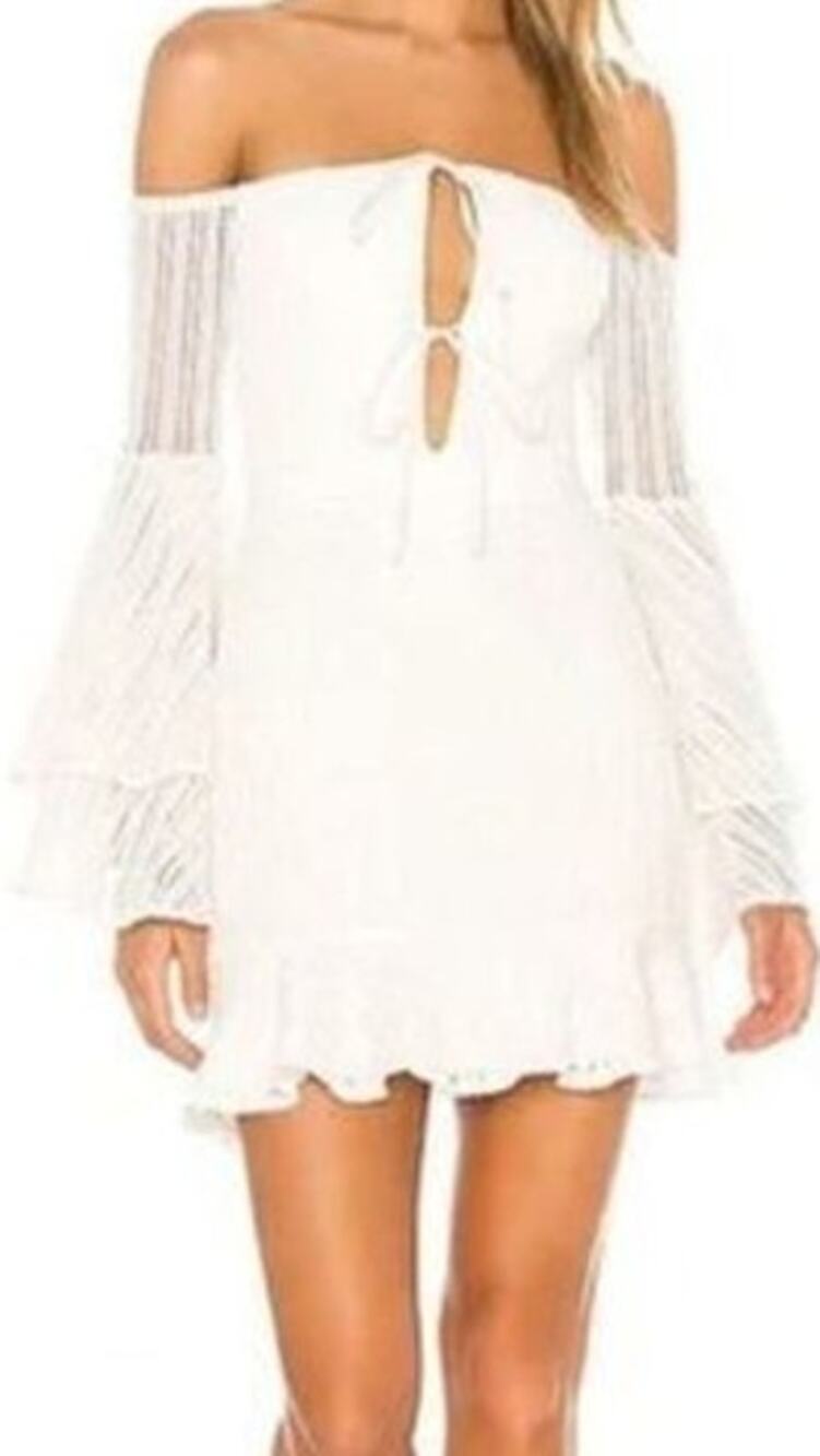 Michael Costello Orchid Mini Dress Off Shoulder Boho Ruffle Crochet White S NWT
